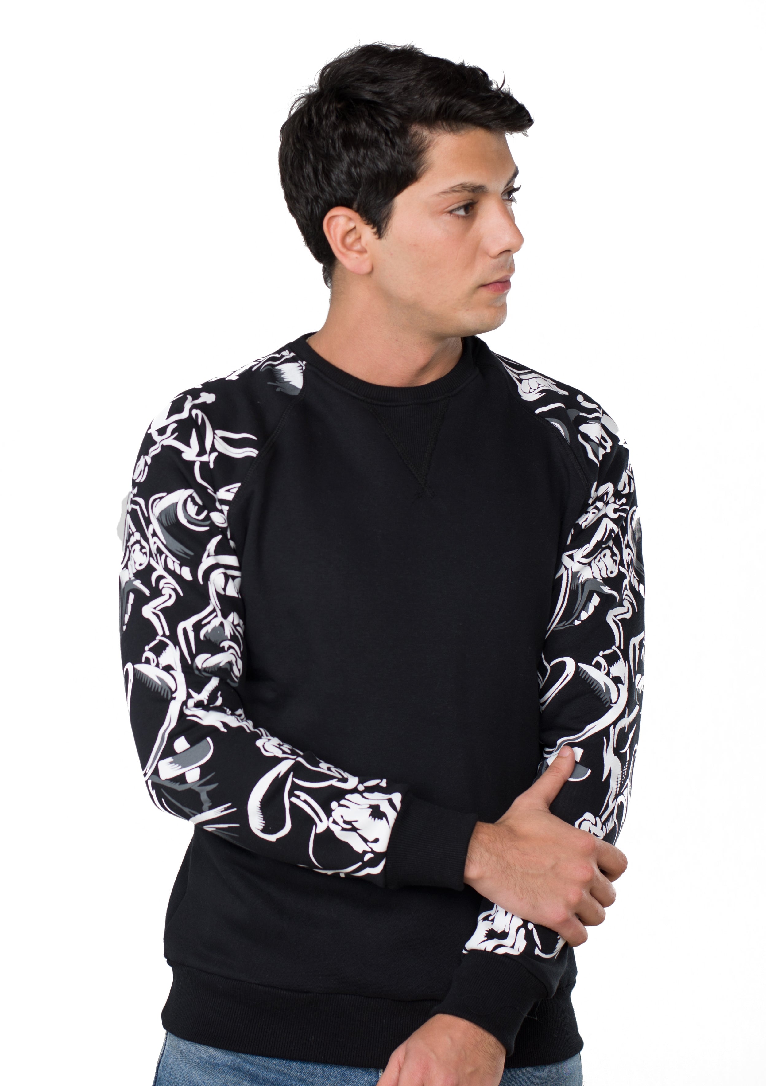 Printed Round Neck Sweatshirt Printed (Black)